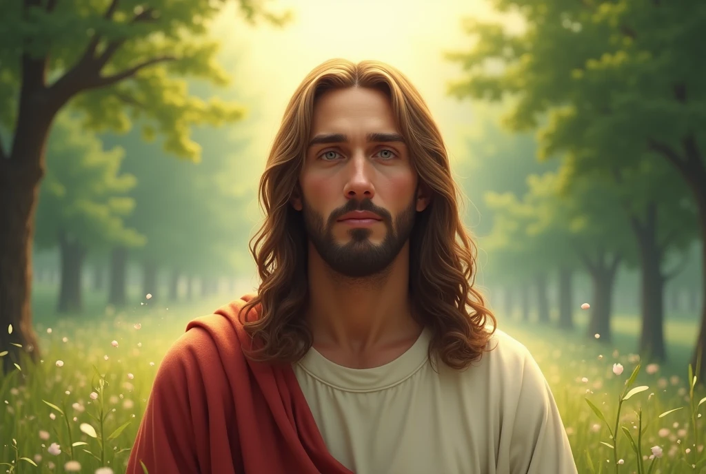 Digital painting Watercolor oil painting as Cover design for a book about the story of Jesus Christ in a glory view with title logo for book name Jesus,picturesque appearance as Italian christian imagine Jesus Christ, Jesus Christ looking forward in a glory view,merged effect,The cover should have christian themes,with deep effect background, magnificent magical green park heavenly landscape in heaven background blurred,, Jesus with long brown hair,Jesus looking forward, with Jesus name title logo calligraphy,straight eyes looking,Jesus is in the middle of the book's design ,خلفيه هادئه, studio light effect,unreal engine 5,8k,horizontal design, inspired by Hany rady, happiness and romance color