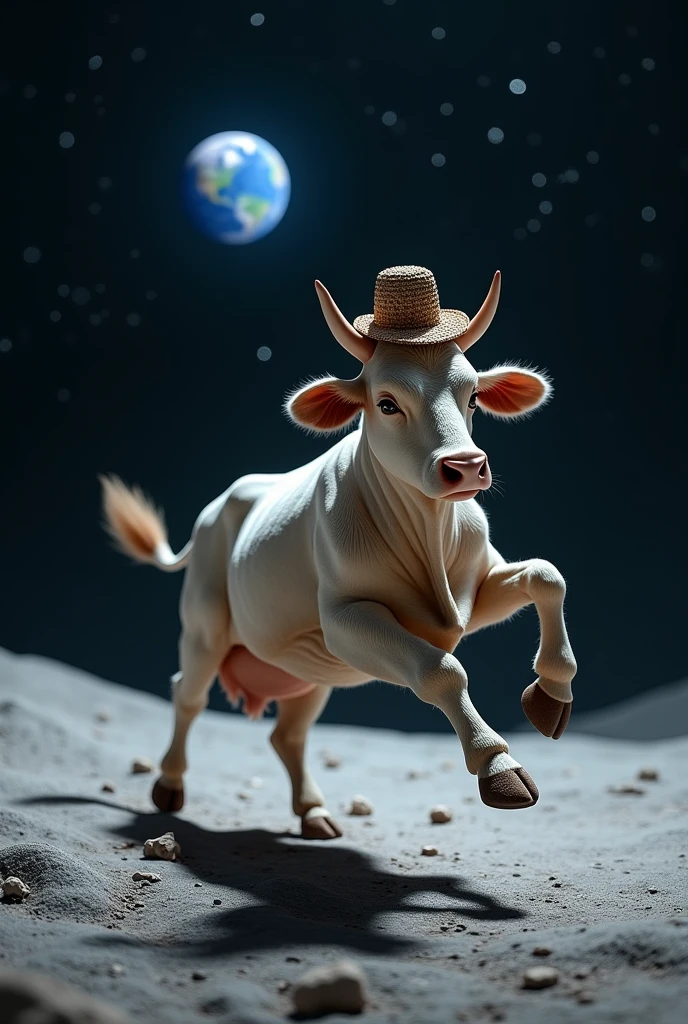 realistic cow, detailed skin, elegant hat on his head, dancing on the moon