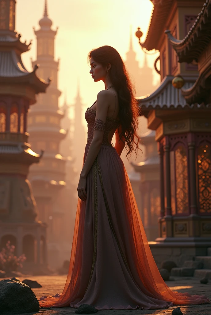 woman in medieval night dress 3d animation, in the style of unreal engine 5, city portraits, dreamscape portraiture, kushan empire, unreal engine, cinematic lighting, victorian-inspired illustrations