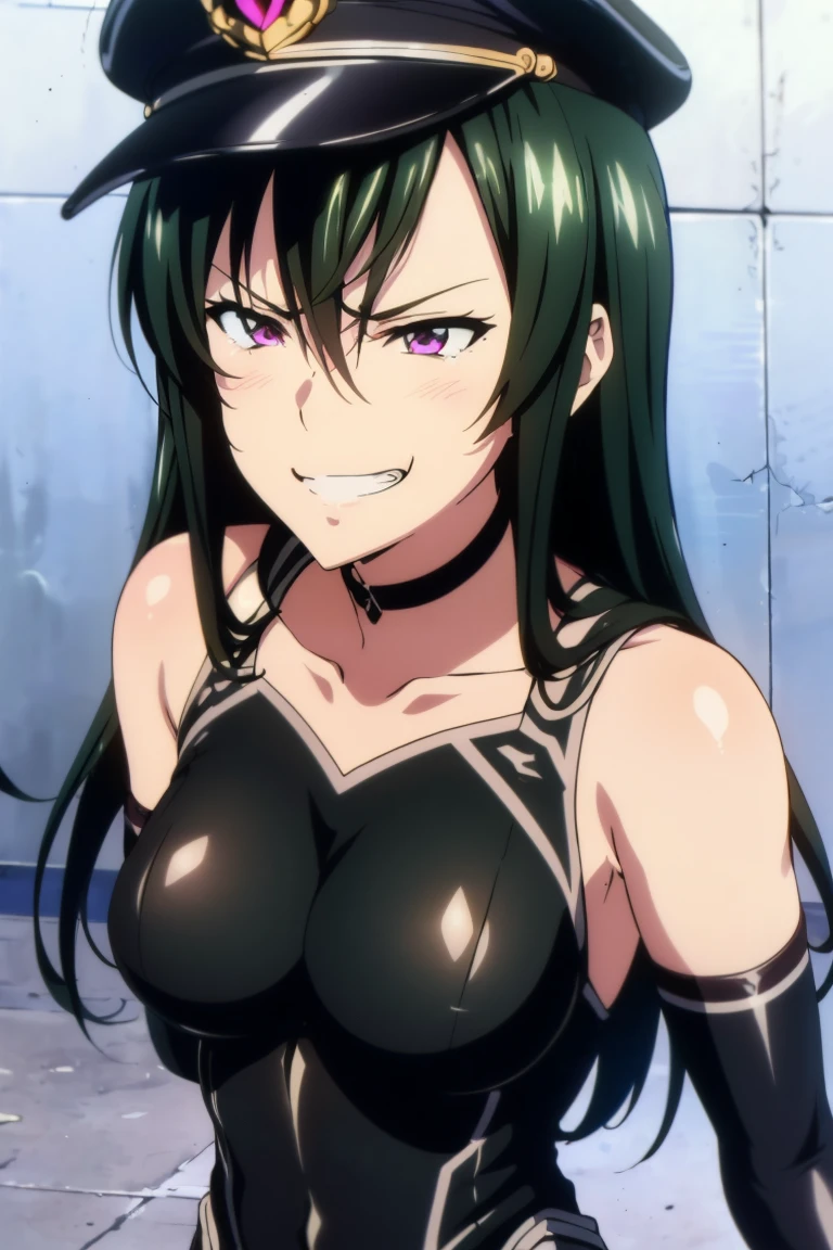 beautiful, masterpiece, ultra detailed, extremely detailed, ultra high res, 8k, beautiful detailed face, anime screencap, heart shaped face woman, (black hair:1.2), long hair, hair between eyes, large breasts, fearless face, sharp face, slant eyes, cat eyes, 170cm tall, adult, perfect proportion, (((black high-leg leotard, black clothes))), (((bare shoulder))), cleavage, (((thigh boots))), choker, (((military cap))), anime style, extremely ultra detailed beautiful face and eyes, front view, raw phot, incredibly absurdres, Beautiful portrait of cute anime girls, super fine illustration, full-hd, hdr, best aesthetic, distinct, exquisite, masterwork, by famous artist, highers, (((perfect anatomy))), mocking, (((rape face))), (((evil grin))), intense eyes, sadistic, gleaming skin, oil skin, slut face, full-face blush, smirking, mischievous grin, furrowed mouth, both legs, pouty lips, downturned corners, rosy hue, grin widely, cheeky smirk, (((bad-tempered glare))), gloating, crazy smile, scary face, cruel smile, fang, connected teeth,, (((elbow gloves))), (((big connected teeth)), glare, grimace, smirk, (((scowling face))), smile broadly, symmetrical eyes, even eyes, perfect eyes, (((squinting eyes))), deep detailed eyes, shiny clothes, 1girl, solo, smug, smile grimly, (((dimpled smile))), pink eyes, (((upper body shot and standing))), (((laugh))), (((pleasure face))), (((brutality face))), (((scary face))), (((fang))), super detailed skin, official art, production art, top quality, high quality, amazing quality, finely quality, fantastic, professional quality, perfect hands, perfect arms, both arms, two arms, both hands, two hands, cleavage cutout, bare collarbone, shiny hair, anime best girl, cel anime, bangs, spread back hair, adult face, light eyes, clear eyes, shiny eyes, perfect face, 