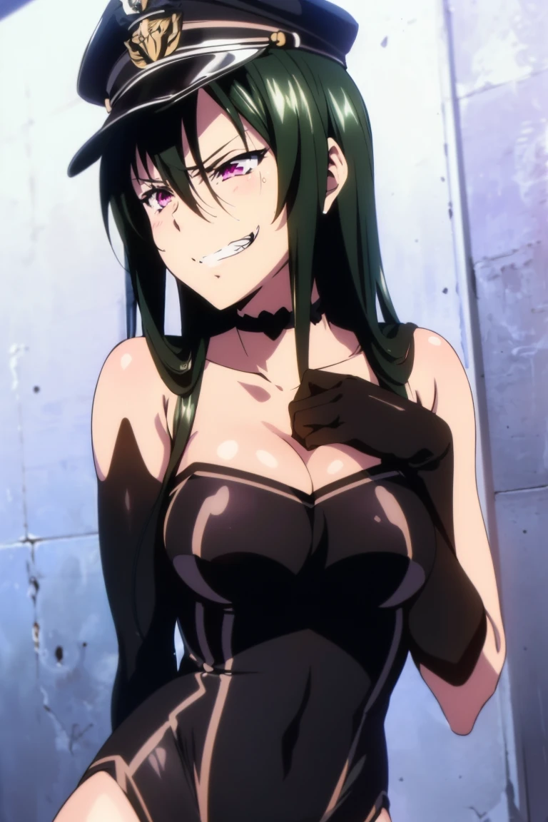 beautiful, masterpiece, ultra detailed, extremely detailed, ultra high res, 8k, beautiful detailed face, anime screencap, heart shaped face woman, (black hair:1.2), long hair, hair between eyes, large breasts, fearless face, sharp face, slant eyes, cat eyes, 170cm tall, adult, perfect proportion, (((black high-leg leotard, black clothes))), (((bare shoulder))), cleavage, (((thigh boots))), choker, (((military cap))), anime style, extremely ultra detailed beautiful face and eyes, front view, raw phot, incredibly absurdres, Beautiful portrait of cute anime girls, super fine illustration, full-hd, hdr, best aesthetic, distinct, exquisite, masterwork, by famous artist, highers, (((perfect anatomy))), mocking, (((rape face))), (((evil grin))), intense eyes, sadistic, gleaming skin, oil skin, slut face, full-face blush, smirking, mischievous grin, furrowed mouth, both legs, pouty lips, downturned corners, rosy hue, grin widely, cheeky smirk, (((bad-tempered glare))), gloating, crazy smile, scary face, cruel smile, fang, connected teeth,, (((elbow gloves))), (((big connected teeth)), glare, grimace, smirk, (((scowling face))), smile broadly, symmetrical eyes, even eyes, perfect eyes, (((squinting eyes))), deep detailed eyes, shiny clothes, 1girl, solo, smug, smile grimly, (((dimpled smile))), pink eyes, (((upper body shot and standing))), (((laugh))), (((pleasure face))), (((brutality face))), (((scary face))), (((fang))), super detailed skin, official art, production art, top quality, high quality, amazing quality, finely quality, fantastic, professional quality, perfect hands, perfect arms, both arms, two arms, both hands, two hands, cleavage cutout, bare collarbone, shiny hair, anime best girl, cel anime, bangs, spread back hair, adult face, light eyes, clear eyes, shiny eyes, perfect face, 