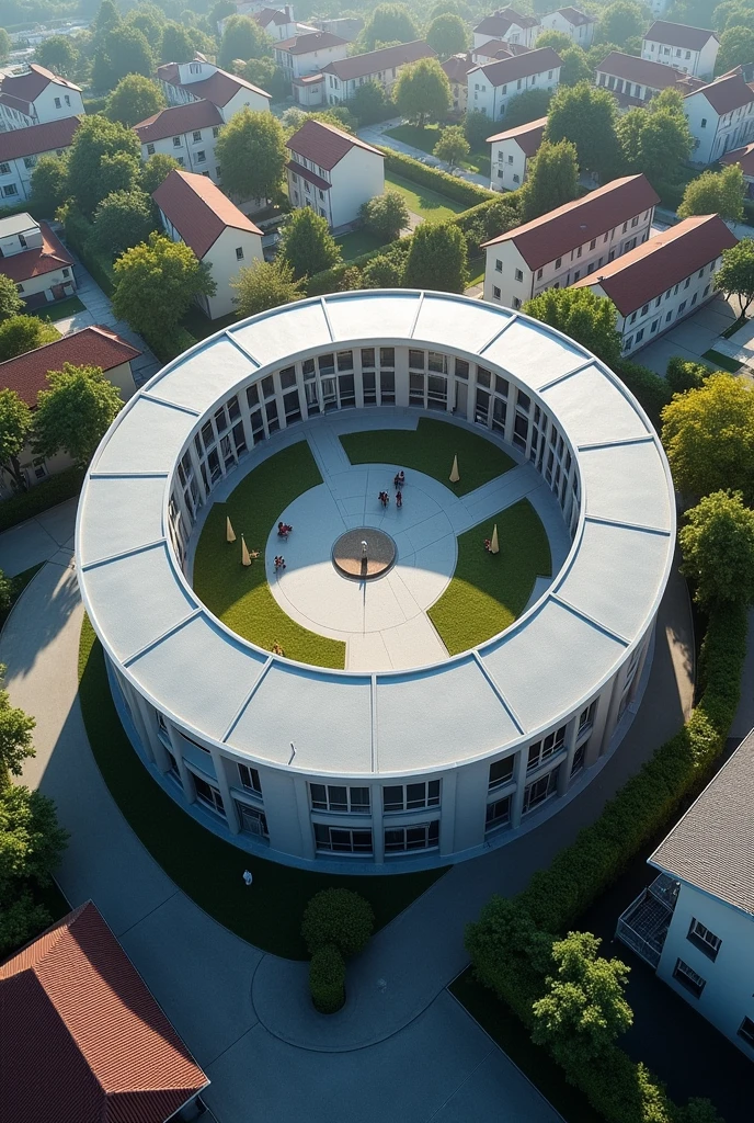 Circular school, small central courtyard, residential district, diagonal aerial view, contemporary architecture, 700m²