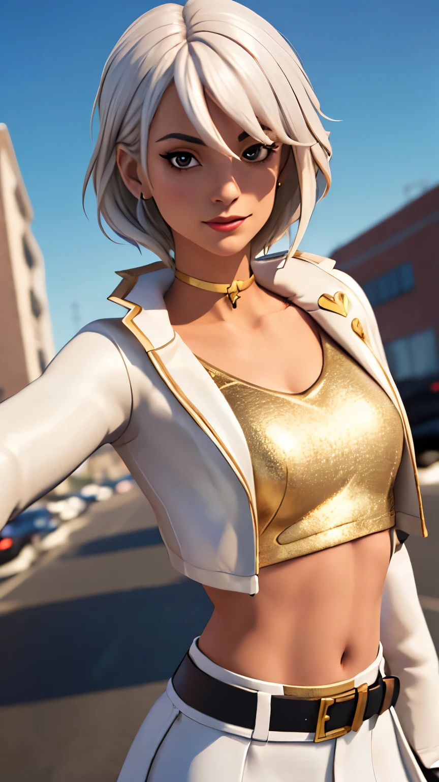 City background, 1girl, solo, AphroditeFN, Aphrodite from fortnite, (crop top, gold top, open clothes), (jacket crop top, white jacket, jacket loose, one short sleeve, one long sleeve), fingerless gloves, white skirt, miniskirt, belt, white hair, short hair, lipsticks, smirk, heart, upper body, looking at viewer,