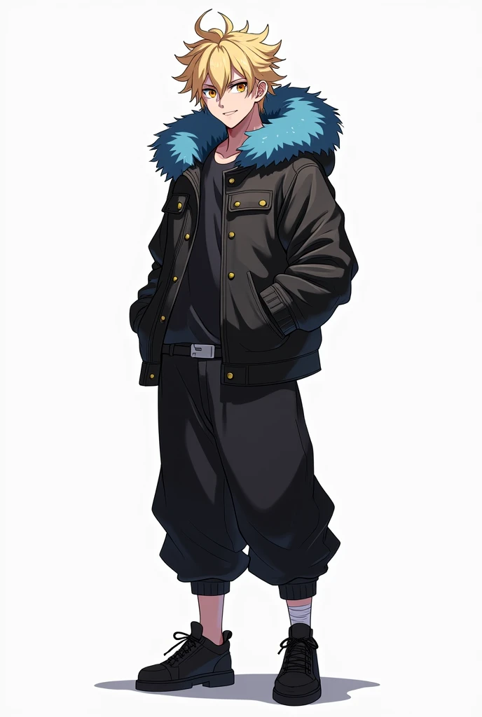 Jujutsu Kaisen, masculine, attractive, blonde hair, short and messy hair, eyes the color of honey, Black cropped leather jacket with buttons and blue polar fur on the hood, black baggy pants, black shoes, bandage on one of his hands, superb smile, Whole body, white background, anime, 4k