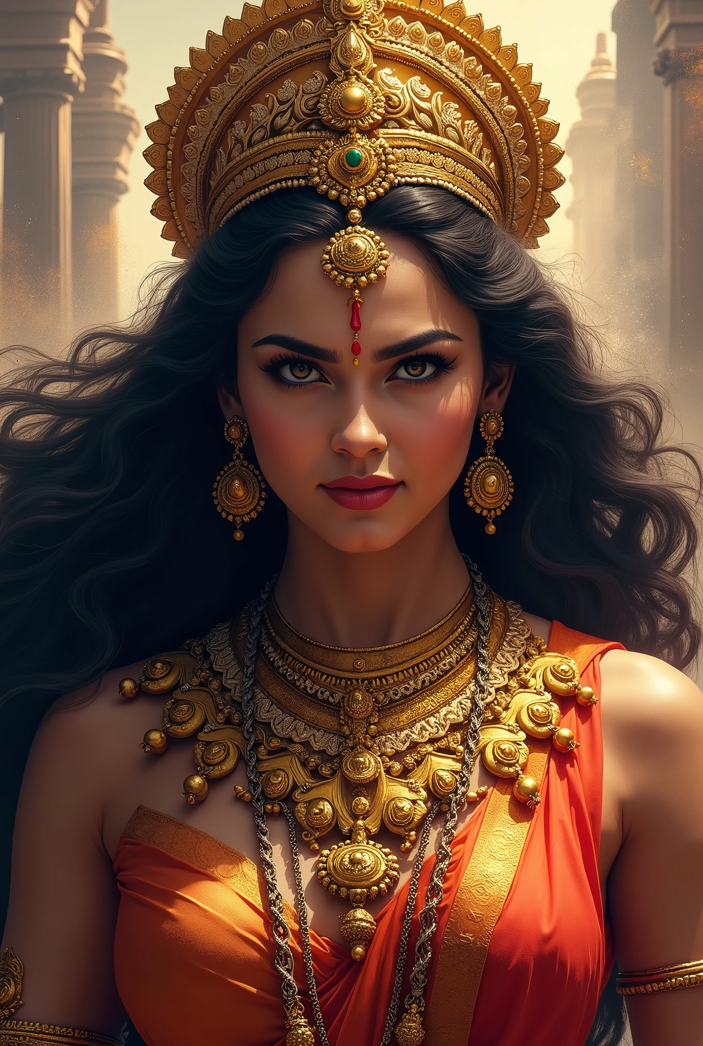 Maa durga fornt side with angry face and long hair