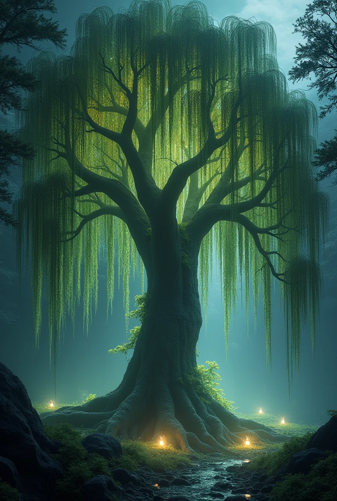 "A large, ancient willow tree with long, drooping branches. The tree is glowing faintly in the dark forest, with soft, whimsical light emanating from its roots and branches. The scene has an eerie yet magical atmosphere."