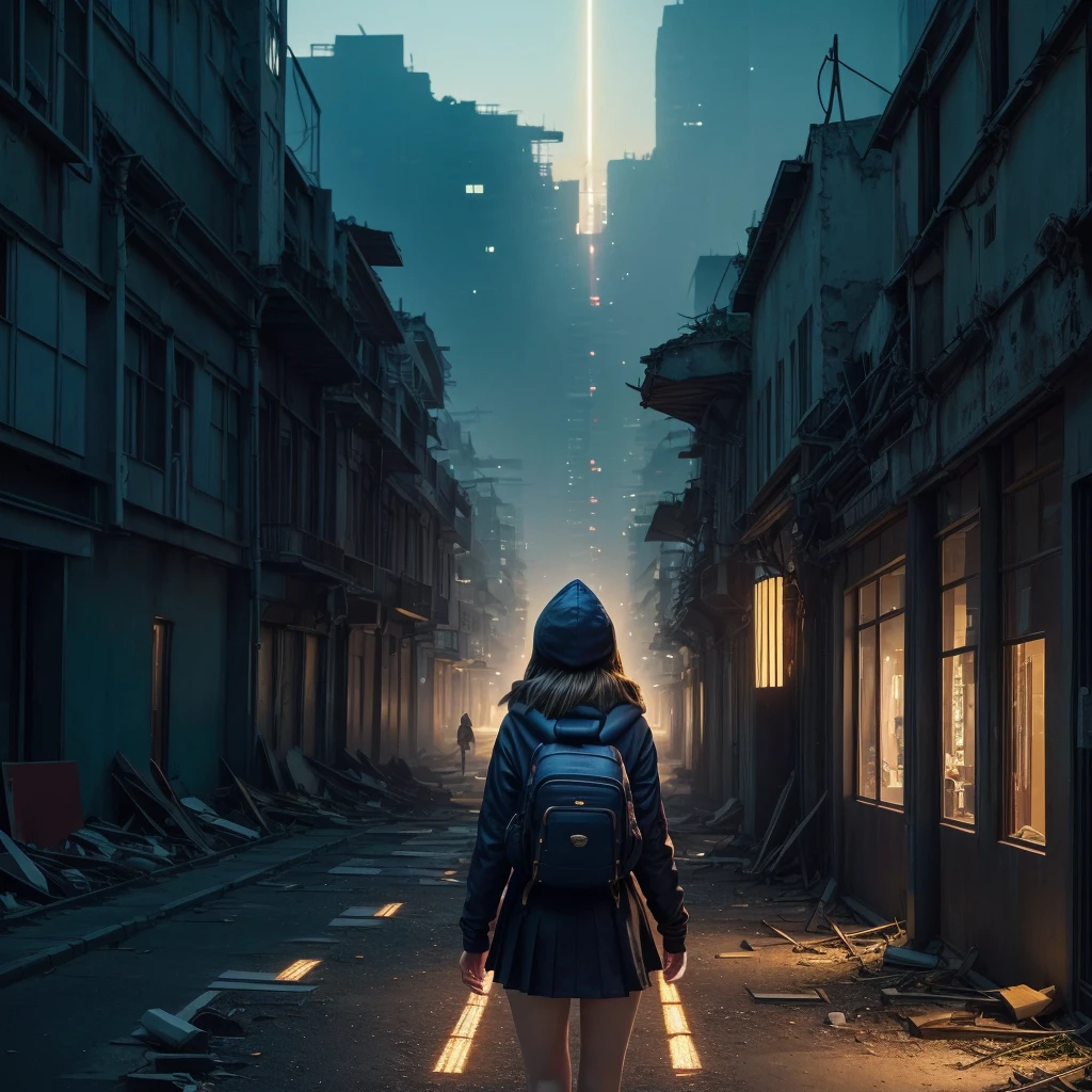 score_9, score_8_up, score_7_up, score_アニメ, masterpiece, best quality, delicate illustration, sharp line, sharp focus, BREAK,Traveler girl wandering in the ruins of endless night, the girl is wearing a hood, a lot of baggage in her backpack., night、City of the Future、Fantastic landscape、Beautiful Landscape、Harmony with Nature
