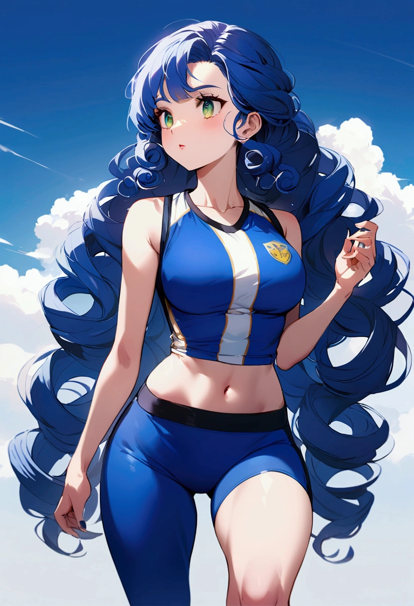 Girl with long royal blue curly hair and green eyes, workout outfit, Sonic the Hedgehog inspired