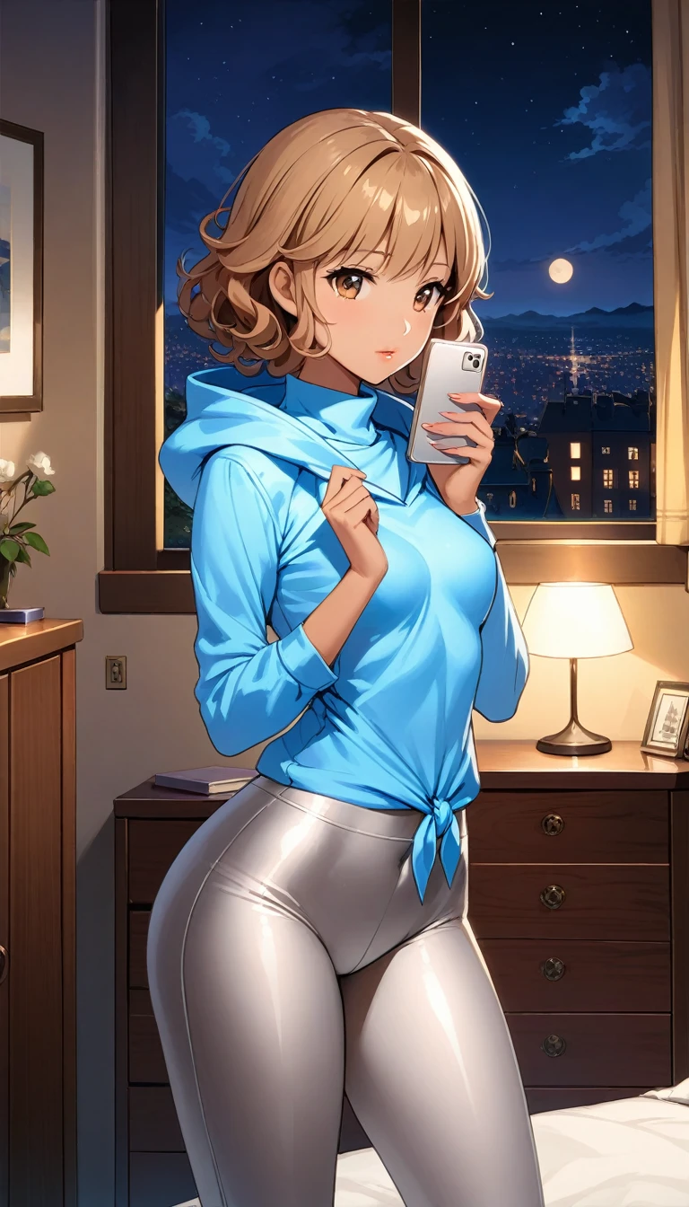 Beautiful 47y young woman with short undercut curly dark blonde hair, tied up hair, with brown eyes wearing ((Tight Silver Low-Rise Leggings), ((Sexy Mock Neck Mid Sleeves Light Blue Shirt With Hood Down)), standing in her bedroom at night, holding her cellphone, (mid-tanned skin), (light brown lipstick), (elegant mascara), (slim body), (small breasts), (wide hips), midjourney, <lora:GoodHands-, <lora:GoodLegs-, UHD, high resolution, (expressive eyes, perfect face, full body, expressive face, perfect body, perfect pussy, athletic, fit, slim body, blushing, Perfect makeup, eyeliner, beautiful eyelashes, smiling, horny face), ((best illumination, best shadows)), ((sexy pose)), score_9_up, score_8_up, score_7_up