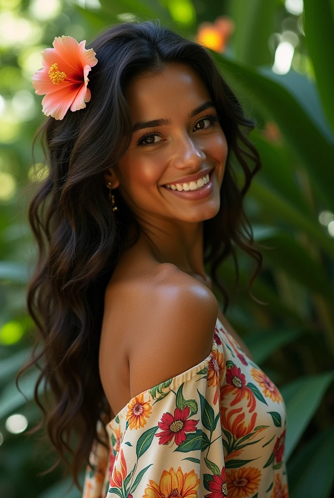 A Brazilian woman in a lush tropical garden, wearing an open shirt with a floral print, with a close-up capturing the harmonious beauty between her breasts and the natural flowers, showing off your natural charm and outgoing personality.