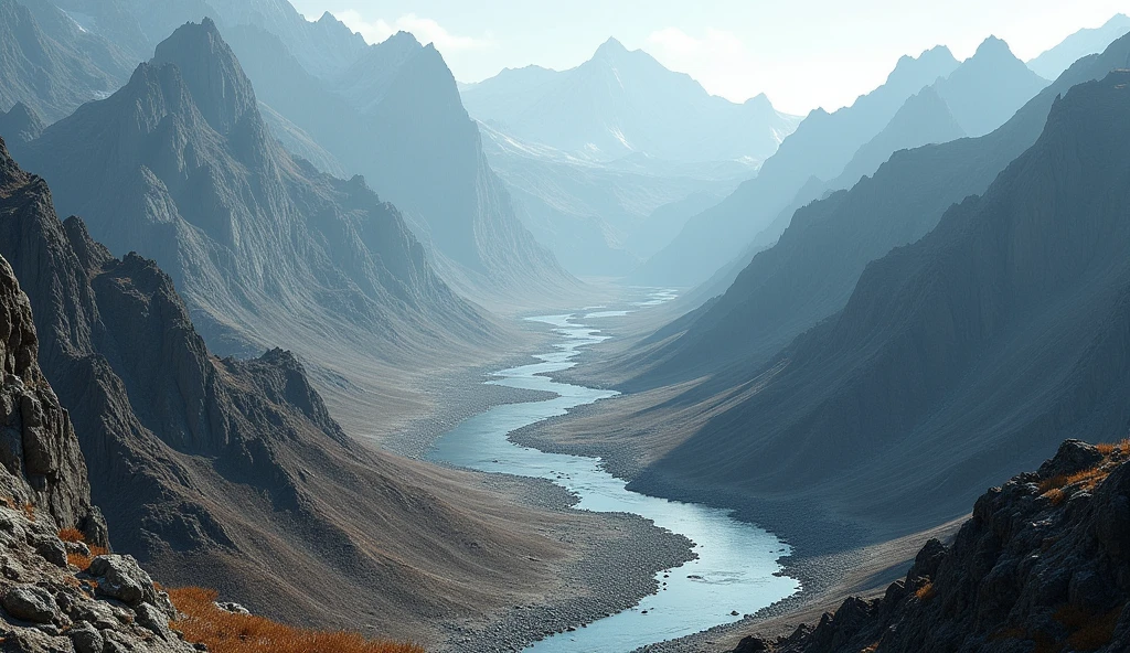 There are many rivers among the mountains，The mountain is bare with no flowers, plants or trees.(best quality，4K，8k，High level，masterpiece：1.2），Ultra Detailed，（lifelike，Photo real，Photo real：1.37）