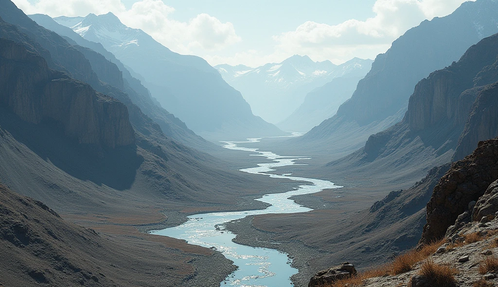 There are many rivers among the mountains,The mountain is bare with no flowers, plants or trees.(best quality,4K,8k,High level,masterpiece:1.2),Ultra Detailed,(lifelike,Photo real,Photo real:1.37)