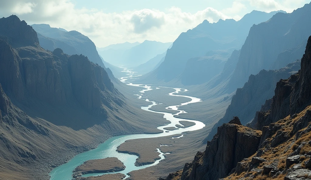 There are many rivers among the mountains,The mountain is bare with no flowers, plants or trees.(best quality,4K,8k,High level,masterpiece:1.2),Ultra Detailed,(lifelike,Photo real,Photo real:1.37)