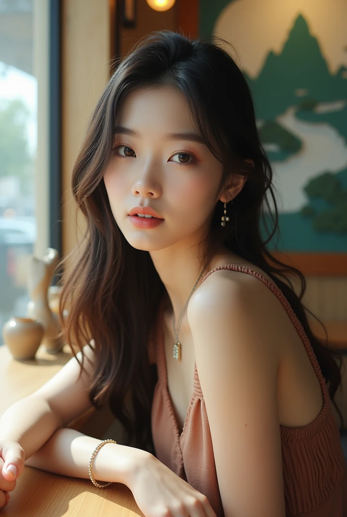 a close-up analog raw candid photo of a most beautiful korean idol woman facing the viewer, wearing a trendy dress sitting in a cafe, the interior design of the cafe is very aesthetic and inside the cafe there are wall decorations (mountain-moon-river-landscape and women) multi-layered cutout paper art style, the background looks very realistic with natural lighting in the room, most impressive image, faces are very detailed and clear, natural lighting, (direct light:0.4), (insanely detailed, bloom:1.5), (highest quality, Alessandro Casagrande, Greg Rutkowski, Sally Mann, concept art, 4k), (analog:1.2), (high sharpness), (detailed pupils:1.1), detailed face and eyes, Masterpiece, best quality, (highly detailed photo:1.1), photographed by Canon EOS R6, 135mm, 1/1250s, f/2.8, ISO 400, Realistic, 8k, ((masterpiece)), looking at the viewer, (detailed), detailed face, white skin