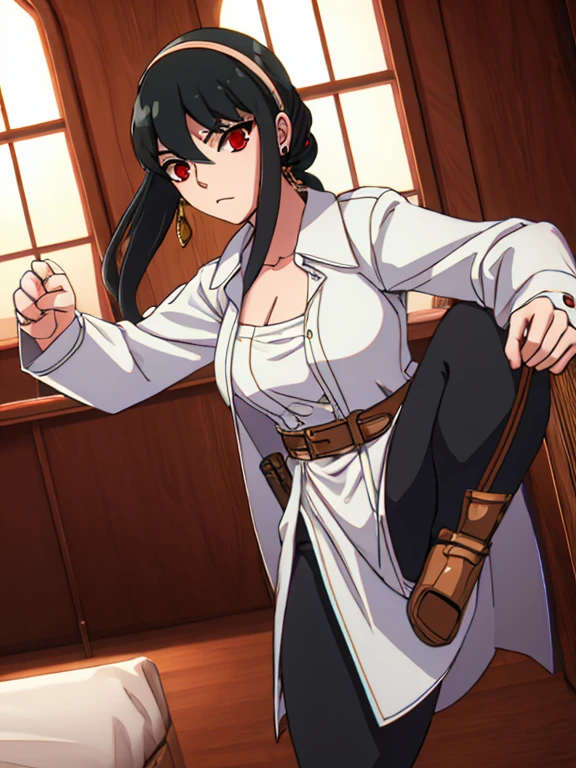 yorbriar, yor briar, black hair, (red eyes:1.5), earrings, gold hairband, hairband, long hair, sidelocks, (medium breasts:1.2), serious look on face, BREAK White trench coat, black leggings, shiny leggings, white heel boots, BREAK indoors, BREAK looking at viewer, (cowboy shot:1.5), BREAK action pose, kicking at viewer, kicking, fighting pose, martial arts, high_kick BREAK (masterpiece:1.2), best quality, high resolution, unity 8k wallpaper, (illustration:0.8), (beautiful detailed eyes:1.6), extremely detailed face, perfect lighting, extremely detailed CG, (perfect hands, perfect anatomy),
