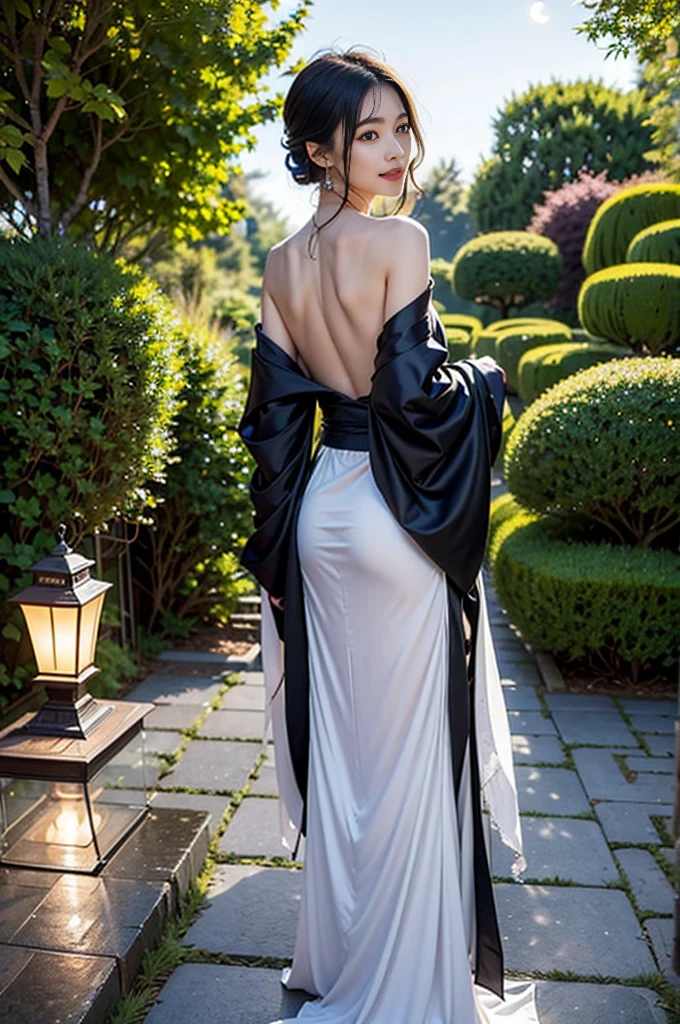 ((skinny)), ((tiny body)), Under the mesmerizing moonlight, in a serene Japanese garden, a beautiful woman in a partially undone kimono reveals her elegant shoulders and back. Her demure yet seductive gaze is full of hidden secrets. As she gracefully strolls along the garden path, she occasionally pauses to offer a fleeting smile towards the moon. The soft illumination of traditional lanterns creates an enchanting atmosphere, while her loosely tied hair waves gently, adding to her elegance and allure.
