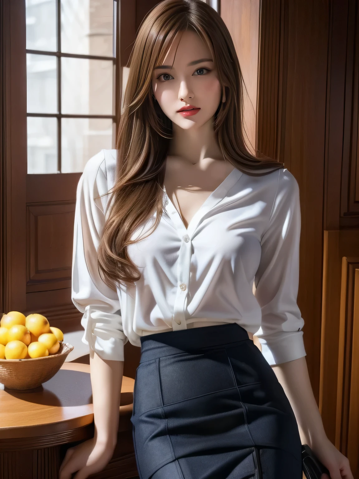 Very detailed, A complete solution, Very detailedな美しい1人の女の子, Very detailed face, (Very beautiful eyes:1.8), The nose shape is correct., expressive lips, (Movie Scenes,Fantasy art,最high quality,high quality,High resolution,High quality texture,Attention to detail,Beautiful details,detailed,Very detailedなCG,Detailed texture,Realistic facial expressions,Tabletop,in front,dynamic,bold),1 girl,Very detailedな肌,curve,(Covered nipples:0.8),Beautiful breasts,　F cup breasts ,White skin,Pointed Chest,Erect nipples,(Very thin hair),(Very soft hair),(Super straight bob hair),length, flowing bangs,Very light coppery amber hair,Hair above one eye,very thin body,Smart Abs,(navy knee-length pencil skirt:1.5), Open the chest, Big breasts, Shiny ,((topless)),((beautiful nipples)),  (White blouse :1.3)、Triangular face、Detailed beautiful face
