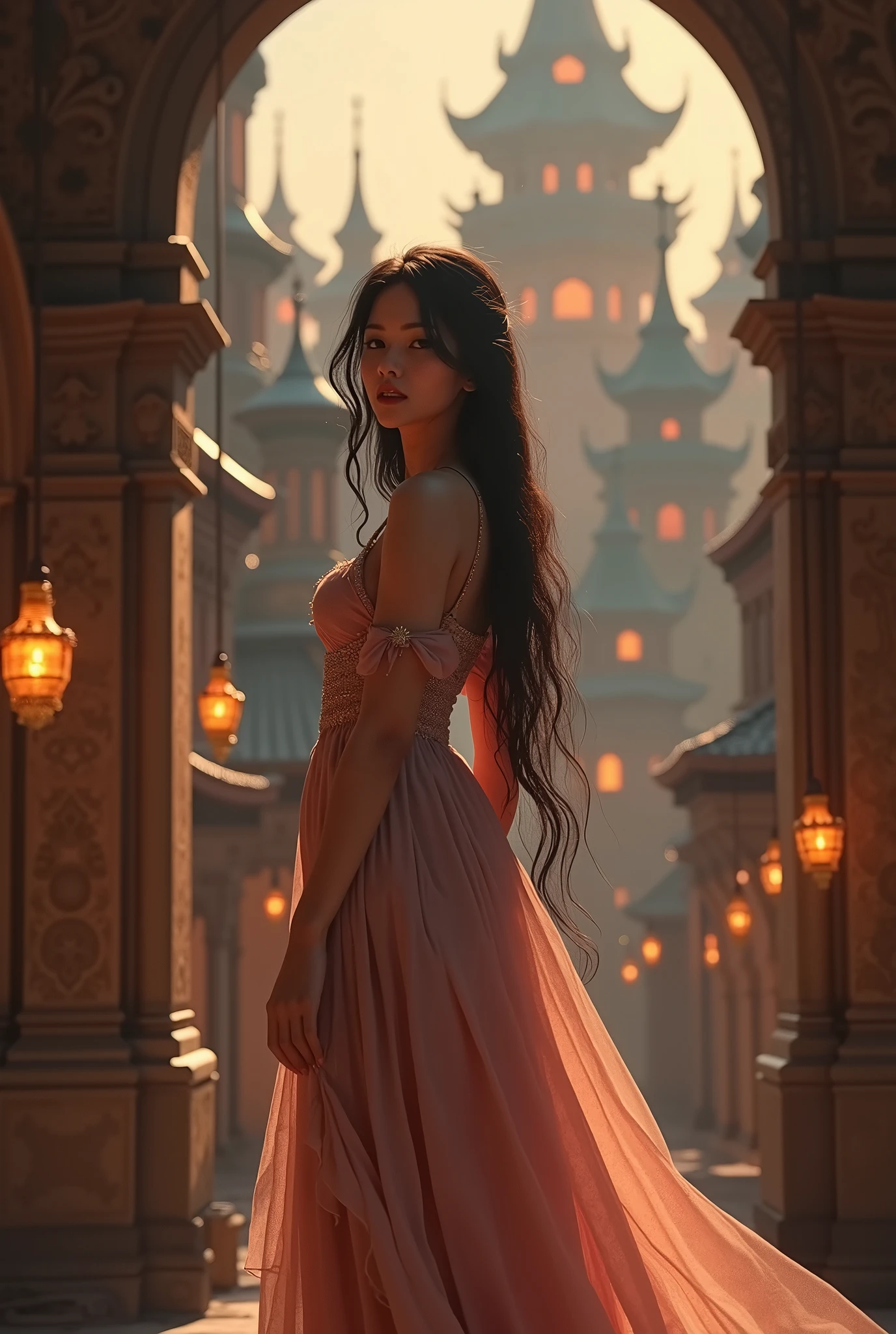 woman in medieval night dress 3d animation, in the style of unreal engine 5, city portraits, dreamscape portraiture, kushan empire, unreal engine, cinematic lighting, victorian-inspired illustrations


