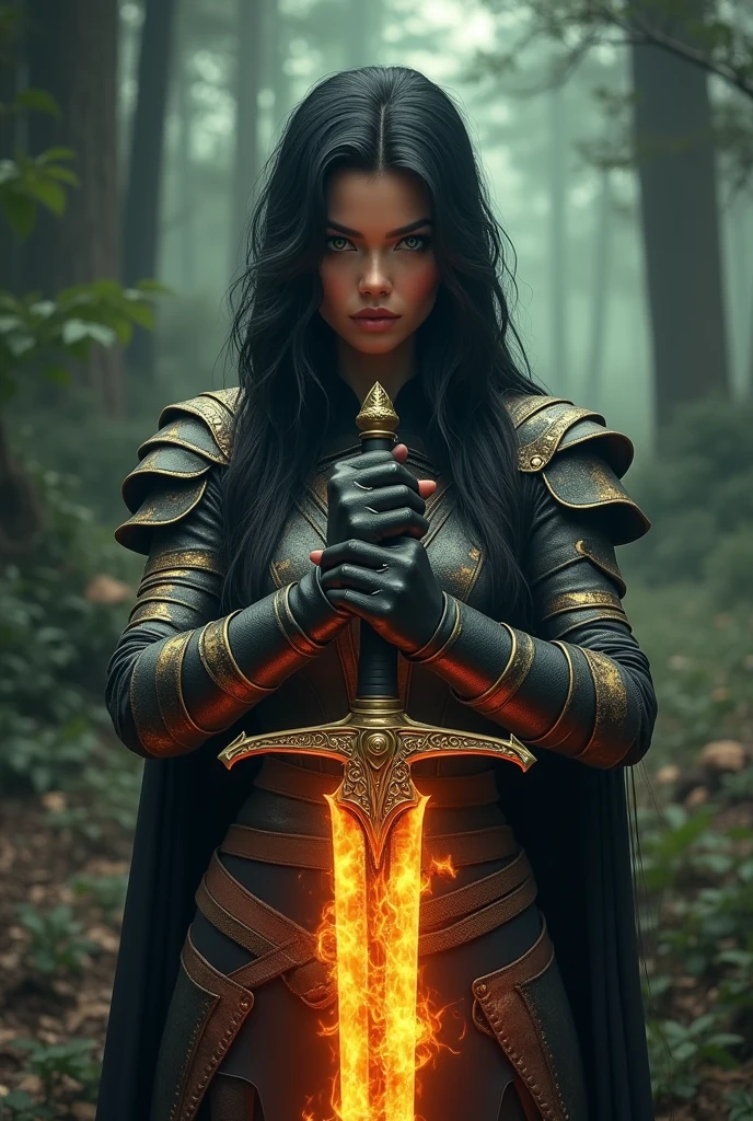 create a 3D photo realistic warrior woman with black hair and piercing green eyes, a black gold leather armour, holding a big, heavy sword and the blade of the sword is on fire. she is standing fearless and look at us, the atmosphere is scary and in the forest