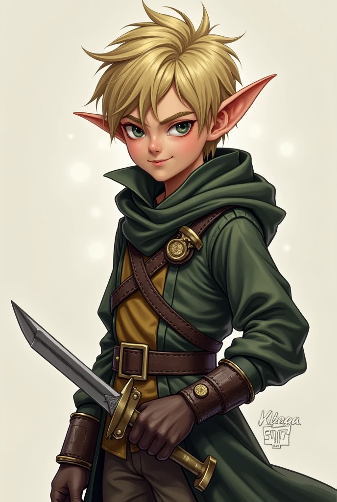 A rogue with short blond hair, elf ears, greedy eyes and a dagger in the right hand, looks down with a smirk, young