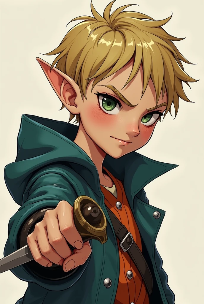 A rogue with short blond hair, elf ears, greedy eyes and a dagger in the right hand, looks down with a smirk, young