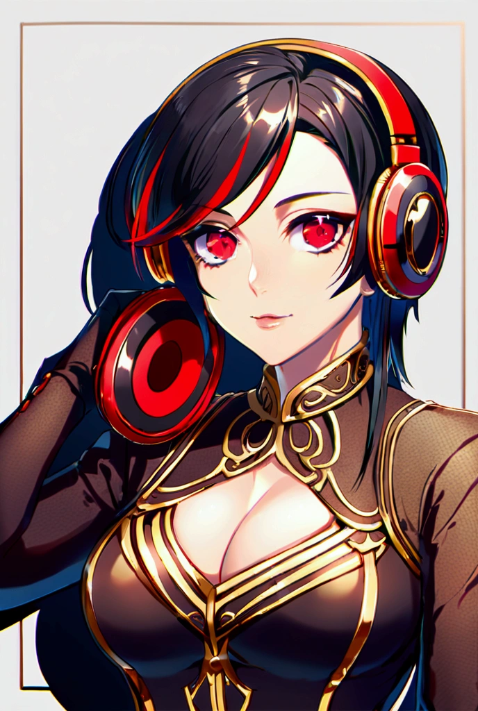 Black haired boy with red highlights and reddish eyes. Breasts, headphones, streaked hair, Red eyes, 