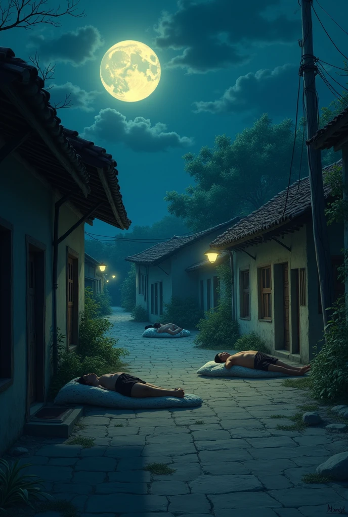 Sleep Recovery**
**Description:** The villagers who have taken the elixir begin to regain sleep.. The image shows a night in Macondo, where for the first time in a long time, The inhabitants sleep deeply. Expressions of peace and relief dominate the scene., with the moonlight gently bathing the village