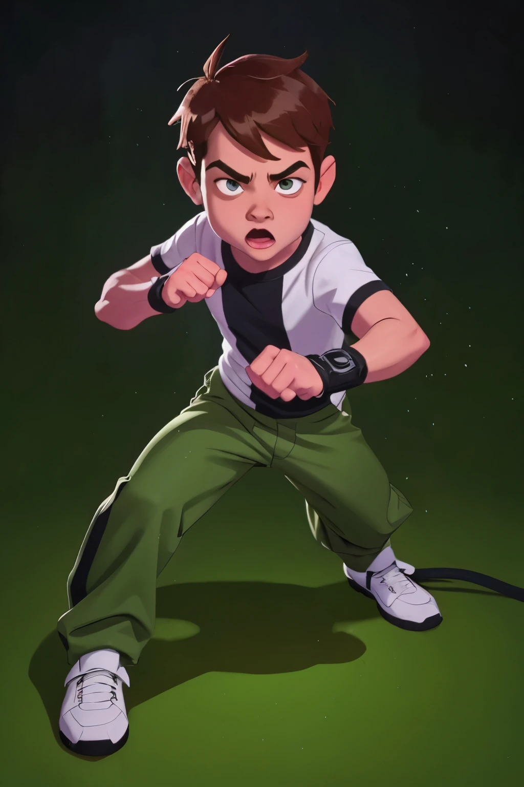 Movie poster, Ben 10 (((A child, *** ))), brown eyes, (((wearing a white outfit with black stripe in the center, green pants))) , showing fist. (Omnitrix on arm)) . (Action facial expression ) . highy detailed, face detailed, realisitic, cinematic lighting, studio quality, proffesional, face detailed, intrikate, bright coloured. ((abstract lighting background)).