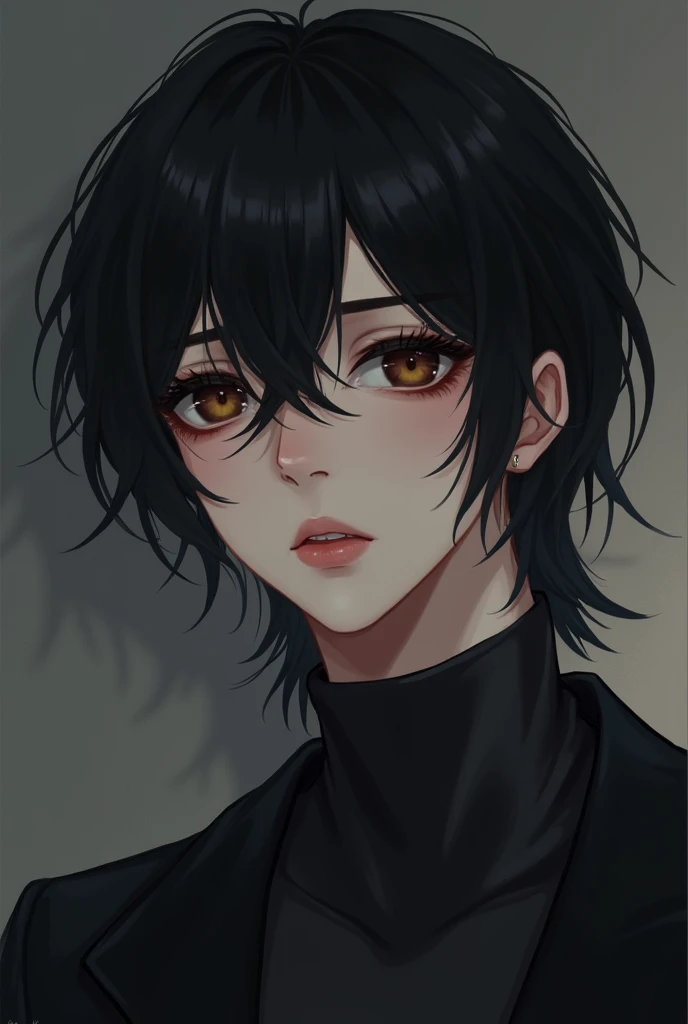 Create a male with Medium length black hair, brown eyes and pale skin, his face having feminine attributes and style being emo.
