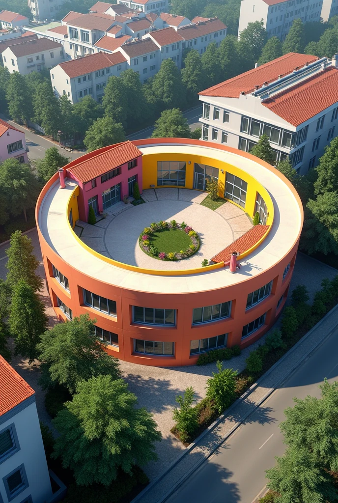 Circular school, small central courtyard, residential district, diagonal aerial view, contemporary architecture, 700m², primary colours