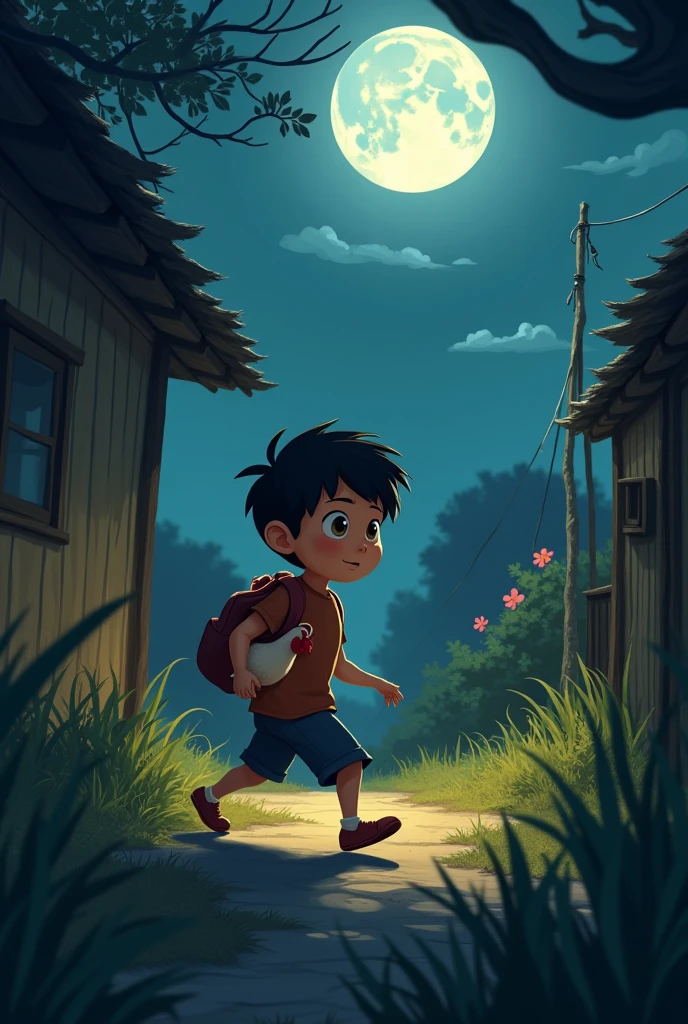 
Visual Prompt: Bacchu holding a chicken under his arm, tiptoeing out of Mati Mia's backyard. The moonlight casts long shadows, and Bacchu looks around cautiously, ensuring he is not seen.