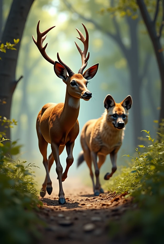 Running deer beside hyena

