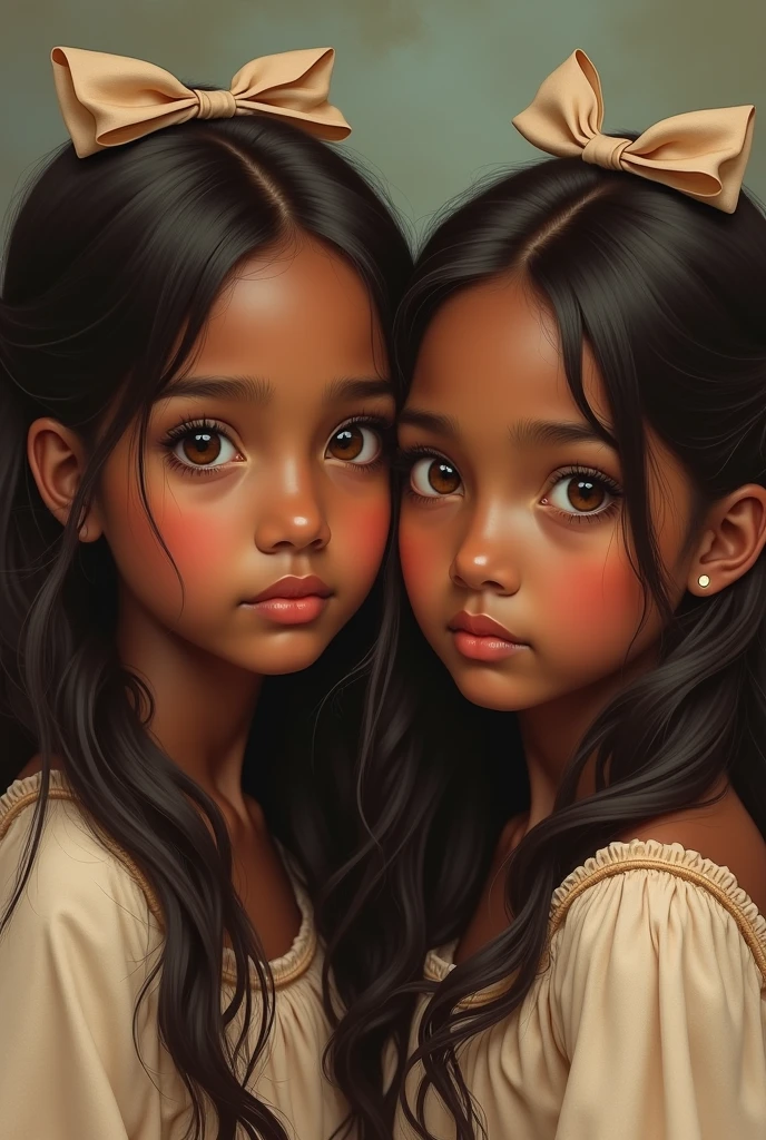 2 girl with brown eyes and dark skin tone Long hair, Brown hair, hair ribbon, 