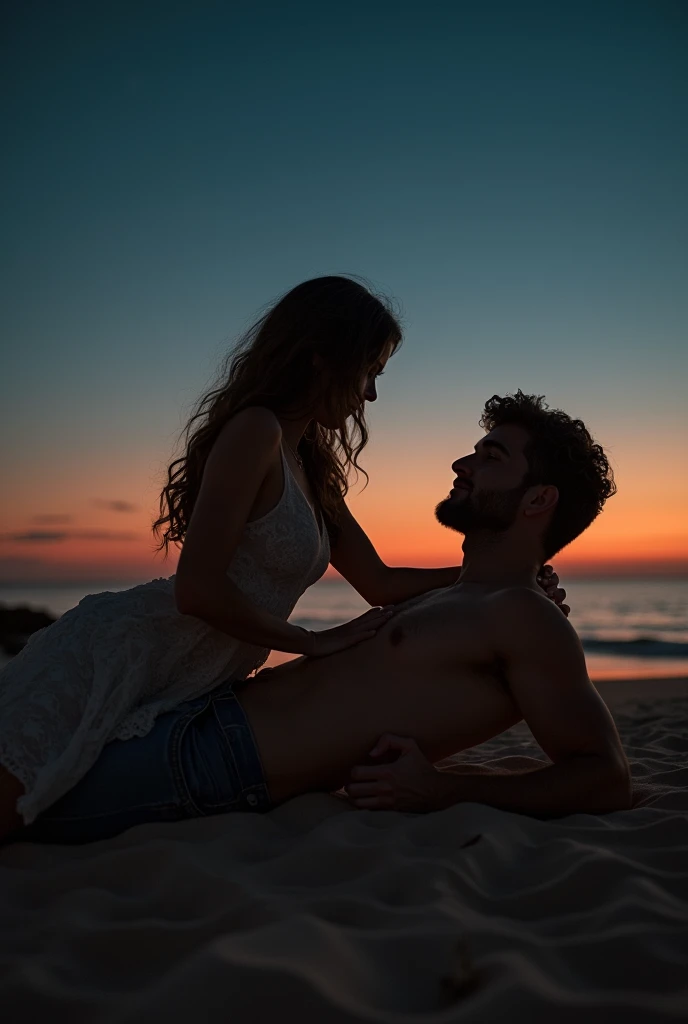 um casal, lying on the sand on the beach, the night, falling in love. PICTURE REALISTIC. man and woman.
Sex woman sitting on top of man's penis.