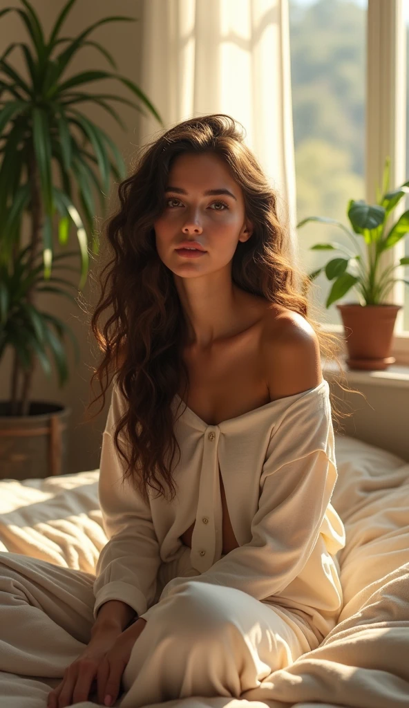(photorealism:1.2), beautiful woman, sitting on bed, wearing loose off-shoulder top, pajama pants, long curly hair, indoors, soft lighting, plants in background, window with sunlight, cozy room, relaxed pose, realistic, intricate details, warm colors, by Greg Rutkowski, by Alphonse Mucha