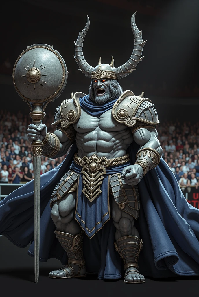 The arena falls silent as the mighty Ares steps forth, his muscular form casting an imposing shadow. His eyes burn with the intensity of a thousand battles as he scans the crowd, daring any challenger to face him. With a thunderous roar, he raises his fists, ready to unleash his fury upon any foolish enough to stand against him.
