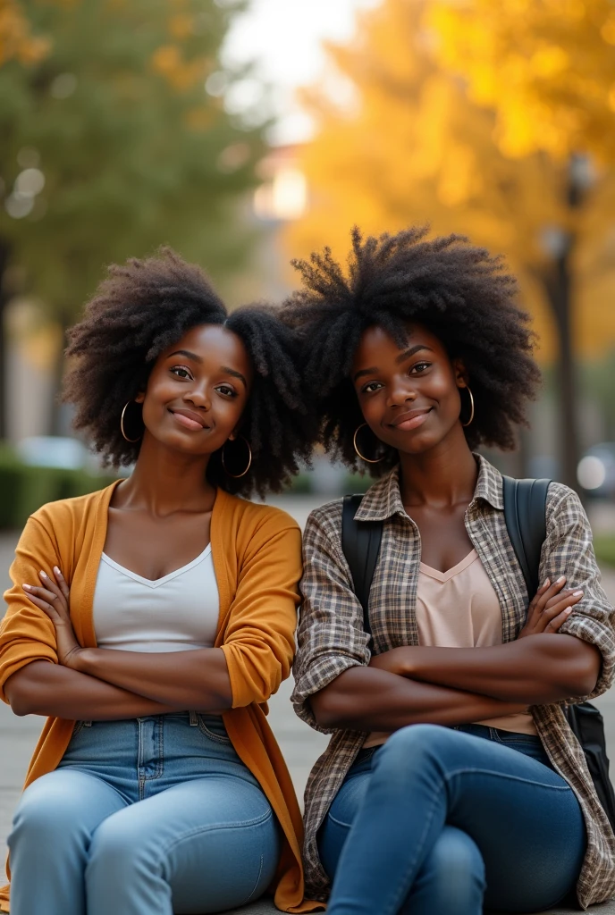 (photorealism:1.2), portrait picture of two black  age boys and two black teengirls, sitting beside one another, properly dressed,  they cross their arms, outdoor, university setting, bright illumination, realistic, intricate details, warm colors.