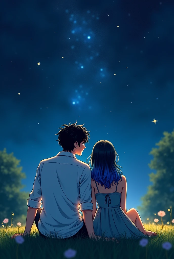 A book cover, a couple in love sitting on a lawn, the boy with black hair and blue eyes and the girl with dyed hair with blue tips, both looking at the stars,
The boy dressed in a white shirt and the girl in a grey dress 
