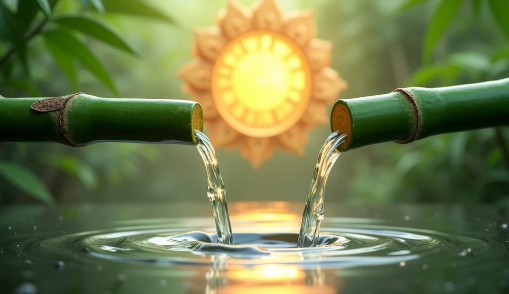 two green bamboos horizontally pouring water, in the background the image of Pedra Chintamani, it is a jewel that fulfills wishes within the Hindu and Buddhist traditions, vivid and clear professional photos, and in the background there is a very soft flute sound, photorealistic, 16k, sunreal, cinematic photo