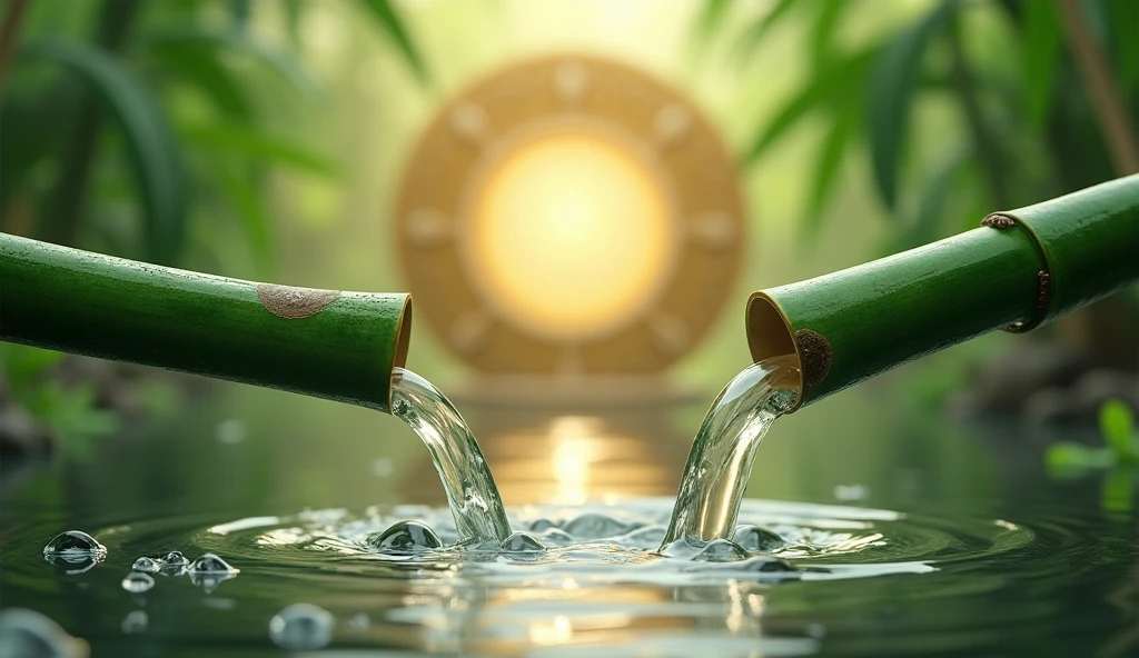 two green bamboos horizontally pouring water, in the background the image of Pedra Chintamani, it is a jewel that fulfills wishes within the Hindu and Buddhist traditions, vivid and clear professional photos, and in the background there is a very soft flute sound, photorealistic, 16k, sunreal, cinematic photo