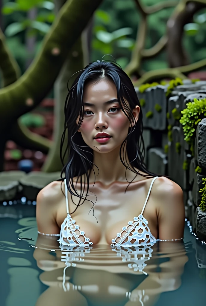 Best quality, masterpiece, super high resolution, a super model soaking in a hot spring in Japan, outdoor hot spring, stone hot spring, surrounded by moss and trees, super beautiful face, pure body, clear pores visible, (smile:0.8), wearing split (lace bandeau:1.2), (realism:1.5), original photo, soaked body, covered in sweat, bare shoulders, in the dark, deep shadows, low-key, cold light