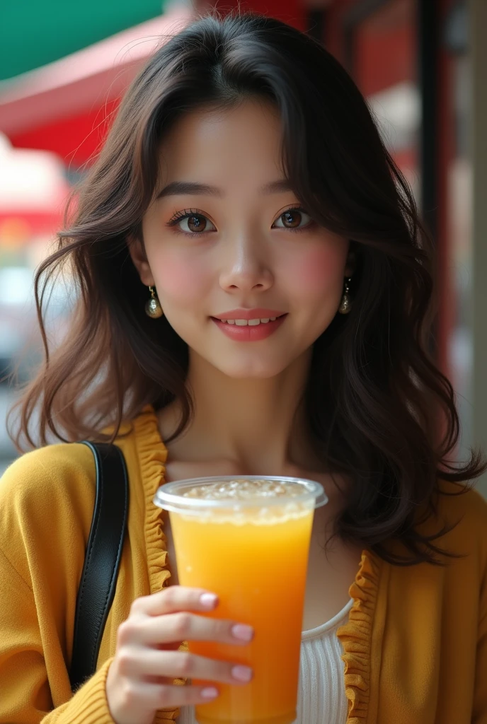 high resolution, masterpiece : 1,2), (realistic : 1,37), (best quality, high resolution, ultra-detailed girl, realistic) Fille aux yeux marrons verts (noisettes) and very dark brown, wavy, almost curly hair with mixed-race skin. Elle tient dans sa main un bubble tea jaune. On voit derrière elle des magasins mais il sont floutes. Sa peau est métis, elle habite en France elle n'est pas chinoise. 