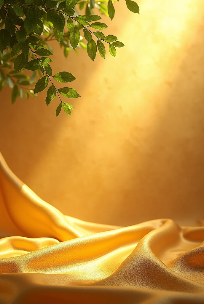 "A luxurious golden background with a soft texture, featuring small, glossy green leaves positioned in the upper left corner. The design includes ample space in the center for placing jewelry items, ensuring the background complements but does not overpower the display. The scene is gently lit to highlight the richness of the gold and the delicate details of the leaves, creating an elegant and balanced setting."