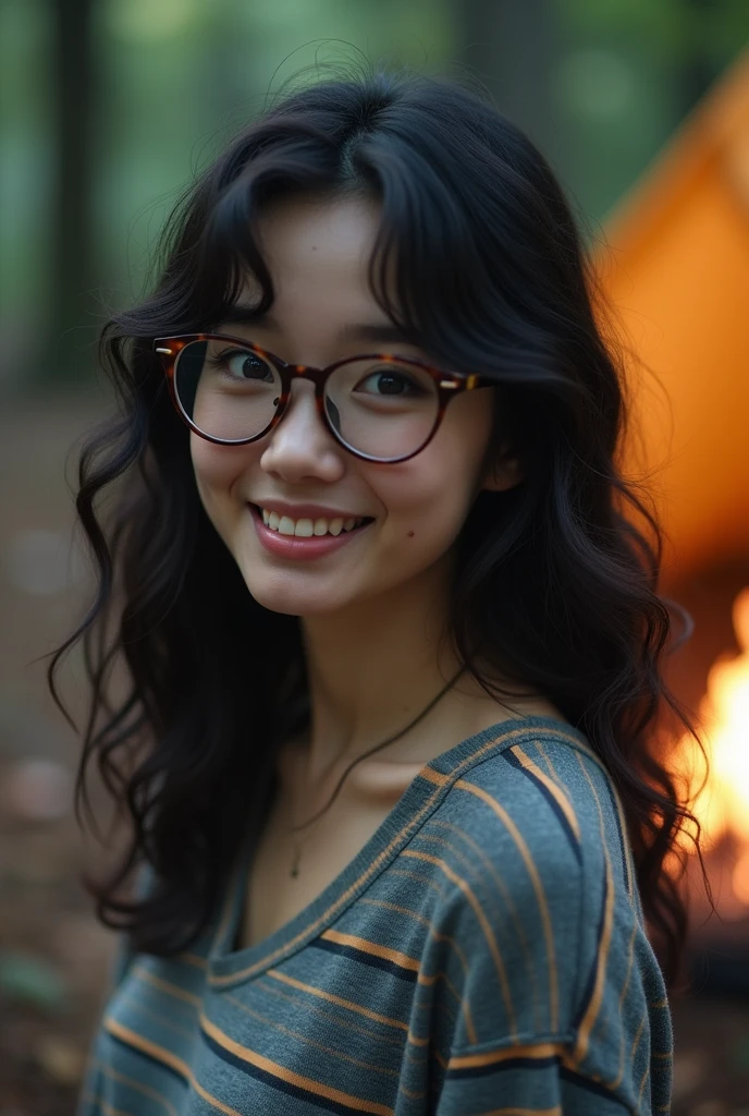 womanwear glasses, Japanese model, wear glasses, cute smile, Yasumotooka, provocative,((Beautiful skin)),((skin texture)),((Real Touch)), healthy, Skin is not red, Cute freckles on the cheeks,Mole under left eye,Exposed sleeping position,Observe the audience,Campers, In the forest in the evening, Campfire, Beside the tent, woman, black hair, white skin, Wear a horizontal striped, V-neck, long-sleeved T-shirt., Superb details face,Long curly hair, delicate eyes, Double eyelids, realistic, brown eyes, High quality, Very realistic, happiness, Masterpiece, High qualityสุด, Superb details, cheerful, happiness, shadow, skin texture Film Grain:1.3, Warm colors, Warm colors:1.2, close up, Ultra high resolution, Kodak Vision 3, natural eyes, High qualityสุด,8ก,Masterpiece:1.3,Full body proportions