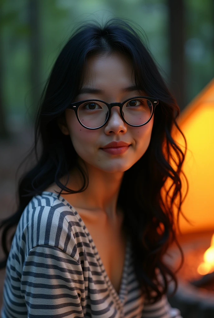 womanwear glasses, Japanese model, wear glasses, cute smile, Yasumotooka, provocative,((Beautiful skin)),((skin texture)),((Real Touch)), healthy, Skin is not red, Cute freckles on the cheeks,Mole under left eye,Exposed sleeping position,Observe the audience,Campers, In the forest in the evening, Campfire, Beside the tent, woman, black hair, white skin, Wear a horizontal striped, V-neck, long-sleeved T-shirt., Superb details face,Long curly hair, delicate eyes, Double eyelids, realistic, brown eyes, High quality, Very realistic, happiness, Masterpiece, High qualityสุด, Superb details, cheerful, happiness, shadow, skin texture Film Grain:1.3, Warm colors, Warm colors:1.2, close up, Ultra high resolution, Kodak Vision 3, natural eyes, High qualityสุด,8ก,Masterpiece:1.3,Full body proportions