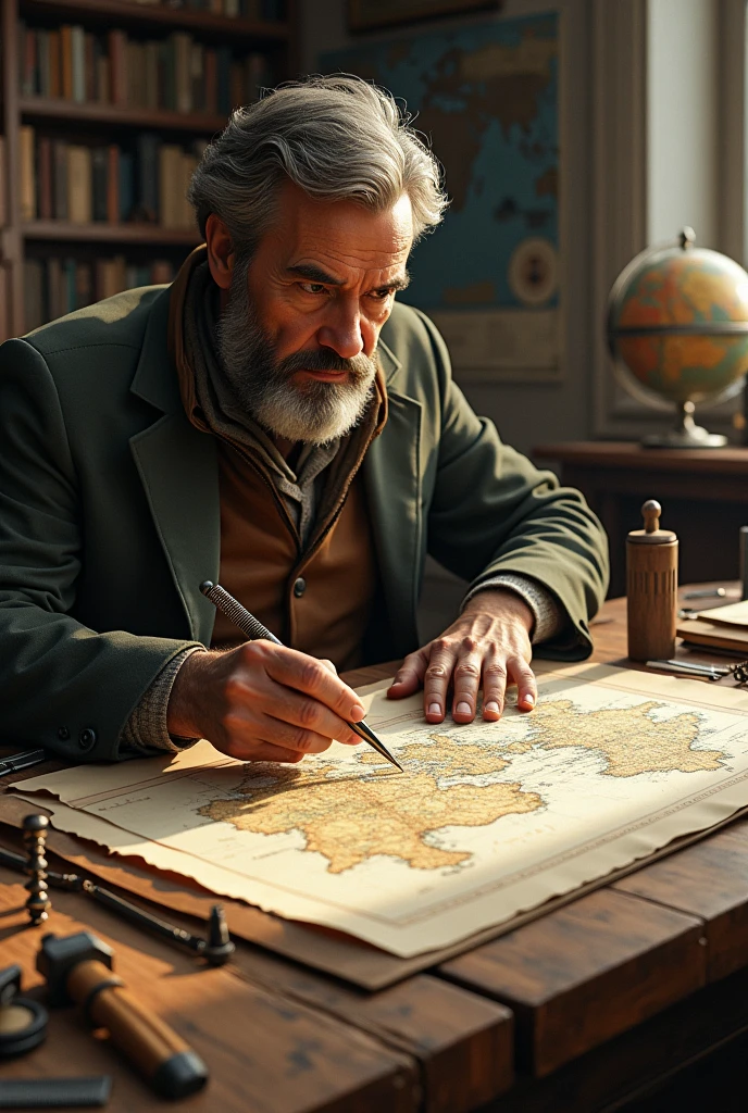 A cartographer working on a map, surrounded by tools like compasses, rulers and brushes. It could include a representation of the evolution of maps over time..