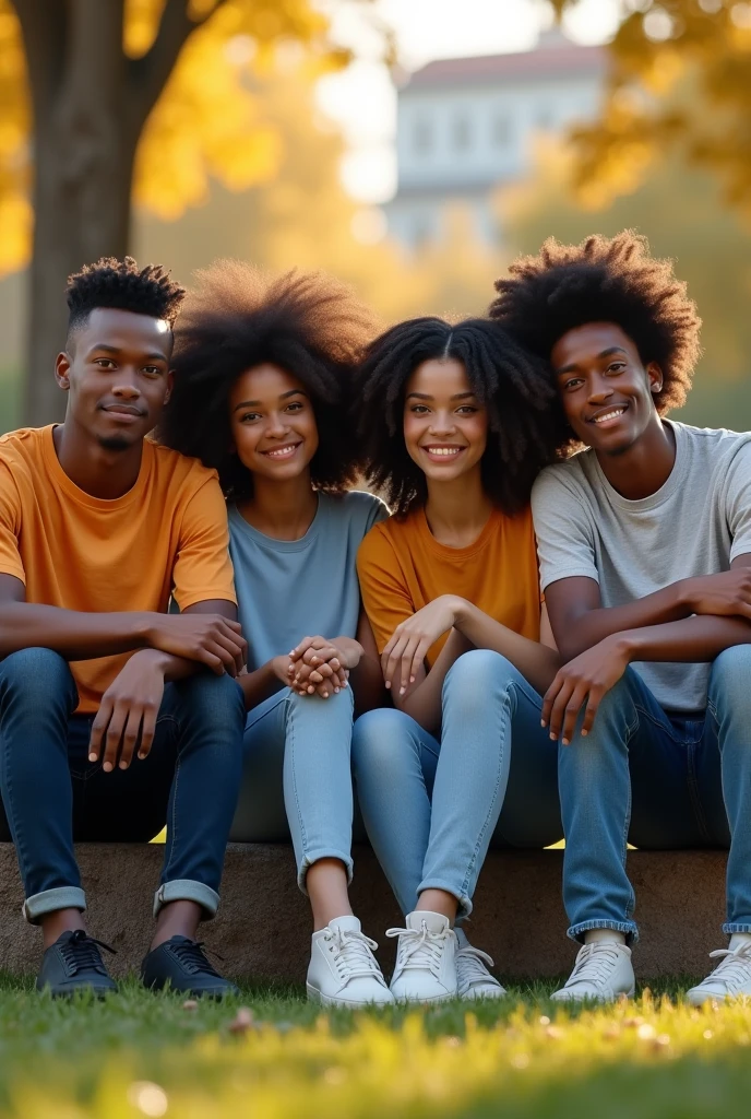 (photorealism:1.2), portrait picture of two black teenage boys and two black teenage girls, sitting beside one another, properly dressed, they cross their arms, outdoor, university setting, bright illumination, realistic, intricate details, warm colors.