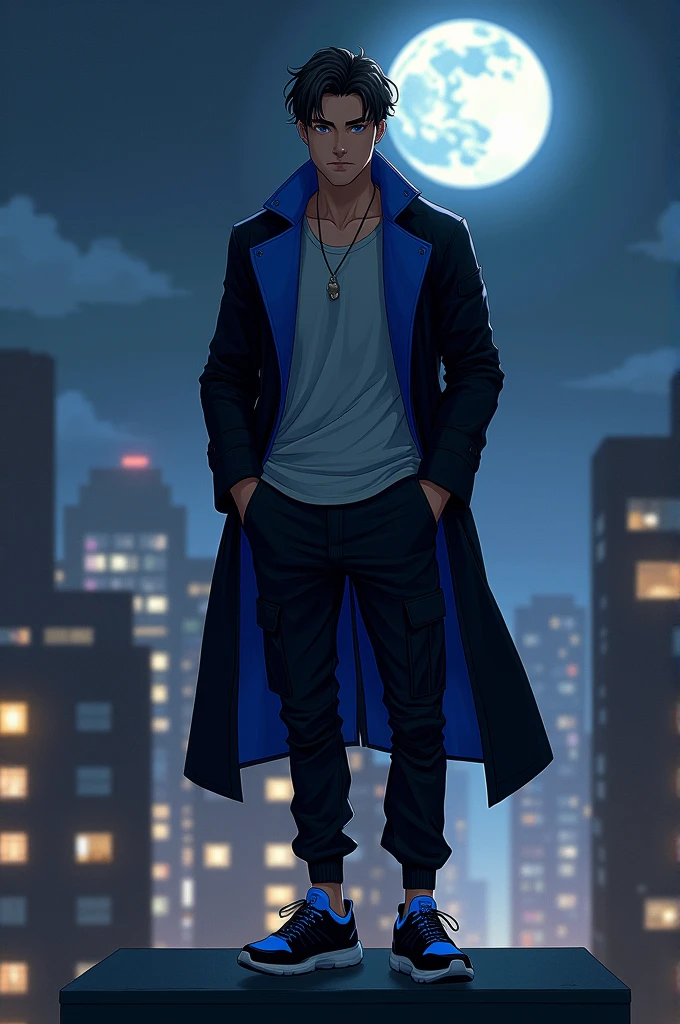 A man with black hair, blue colored eyes, skin tanned, wearing a light gray shirt, black coat on the outside and blue on the inside with a black hood on the outside and blue on the inside, black cargo pants, black sneakers with blue details, he is on top of a building at night, With the moon in the sky