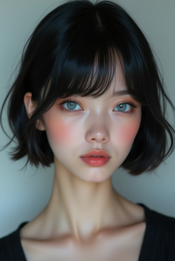 Best Quality: 1.0), (super high resolution: 1.0) tall model, black hair, White skin, real short hair, blue eyes 1.5, Photo taken from the front in 4k quality, with uncovered face, realist