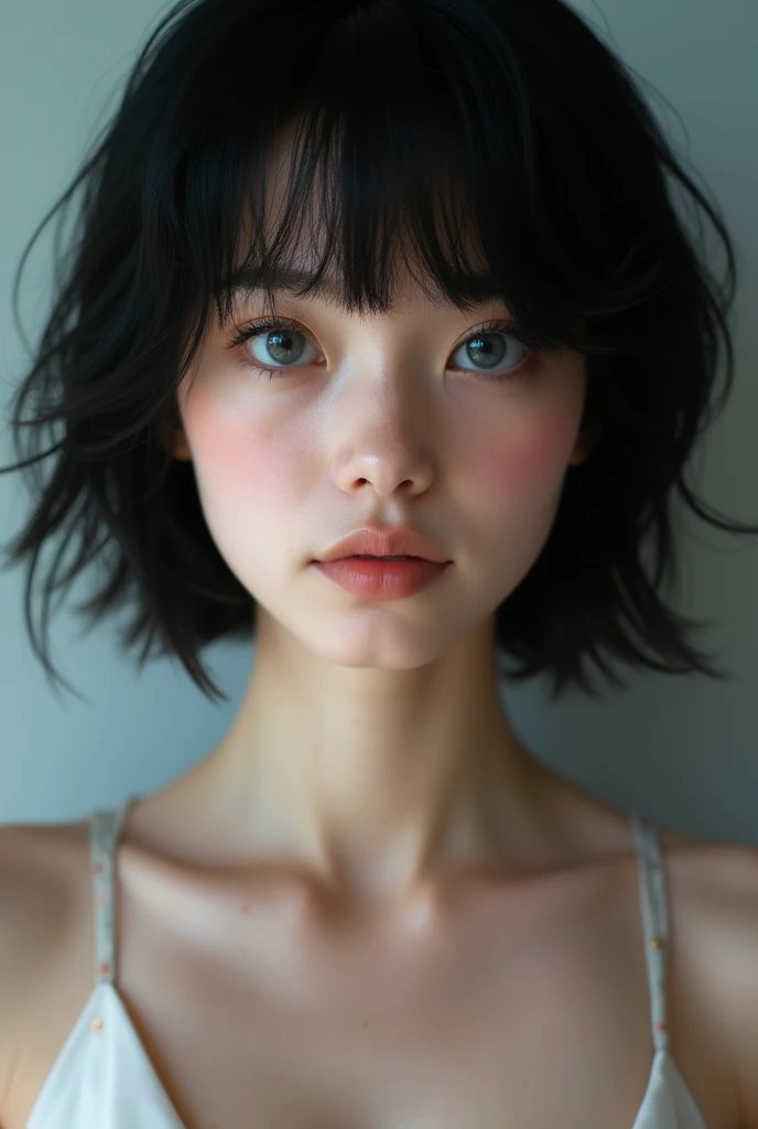 Best Quality: 1.0), (super high resolution: 1.0) tall model, black hair, White skin, real short hair, blue eyes 1.5, Photo taken from the front in 4k quality, with uncovered face, realist